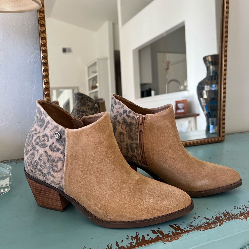 Yellow Box Tan and Leopard Ankle Booties